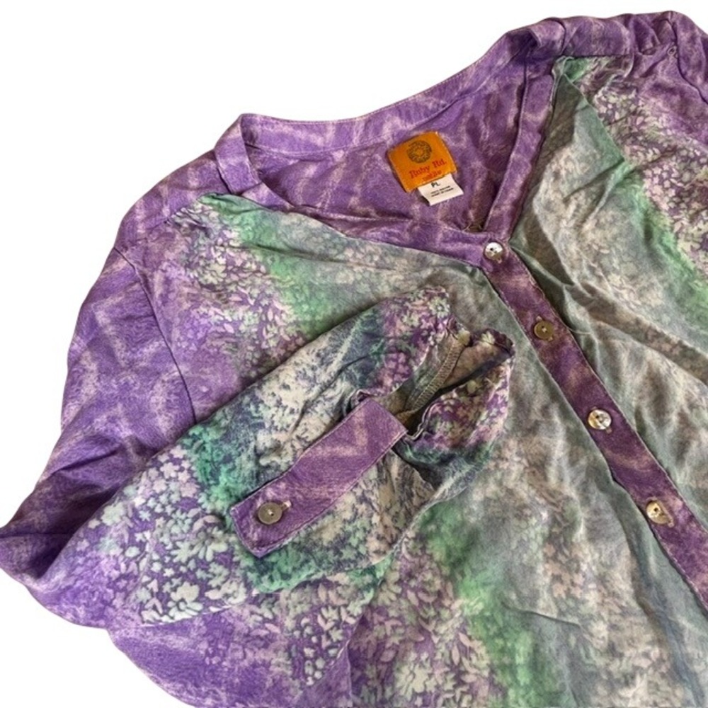 Ruby Rd. Purple White Green 3/4ā Sleeve Tie Front V-Neck Blouse Petite LG PL